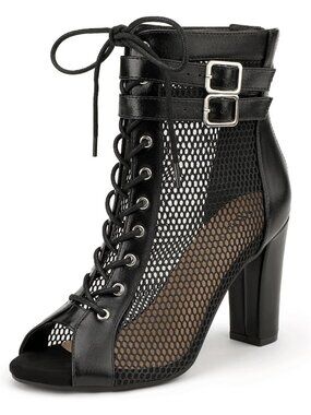 Women's Black Pu Mesh High Heels Block Chunky Heels Open Toe Lace Up Booties